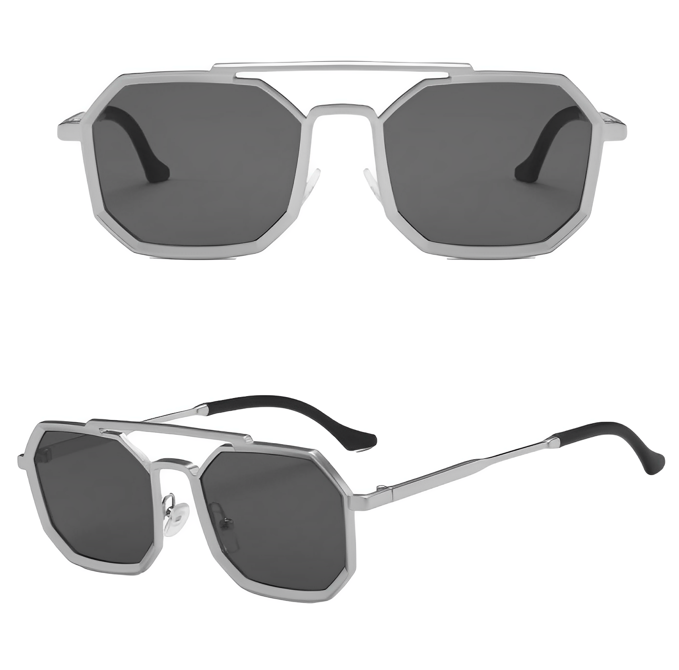 Hexagon Sunglasses, Retro Vintage Design, Silver Alloy Frame, Oversized Polygon Lenses, Polarised, Unisex