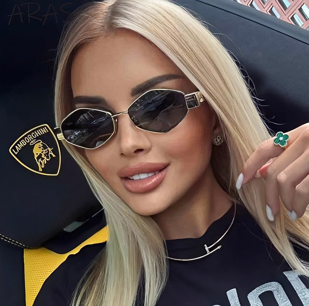 Womens Small Hexagon Polygon Octagon Sunglasses Angular Hexagonal Solid Gold Frame Smoke Lens Shades