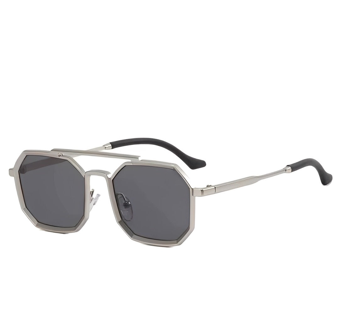 Hexagon Sunglasses, Retro Vintage Design, Silver Alloy Frame, Oversized Polygon Lenses, Polarised, Unisex