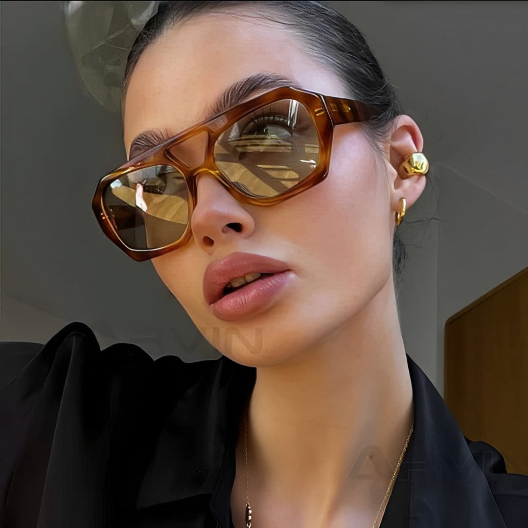Leopard Print Sunglasses, Retro Celeb Chic, Light Blue Translucent Lens, Octagon Geometric Frame, Double Bridge, Oversized, Lightly Tinted