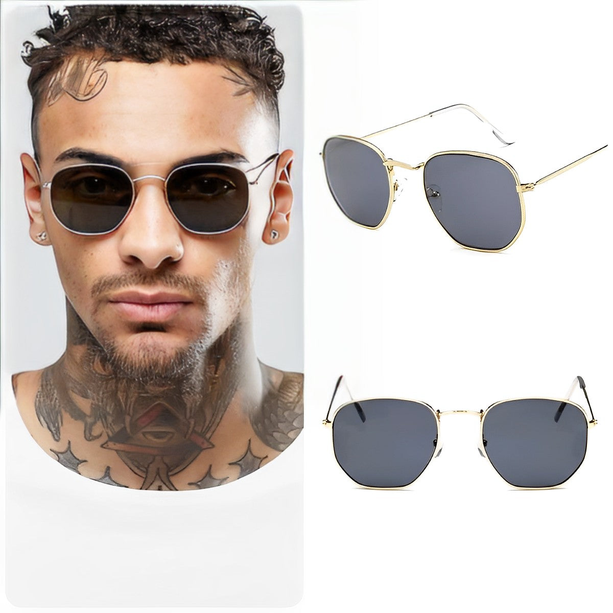 Gold Alloy Frame Hexagonal Geometric Sunglasses for Men Women Classic Style Brand Fashion Eyewear