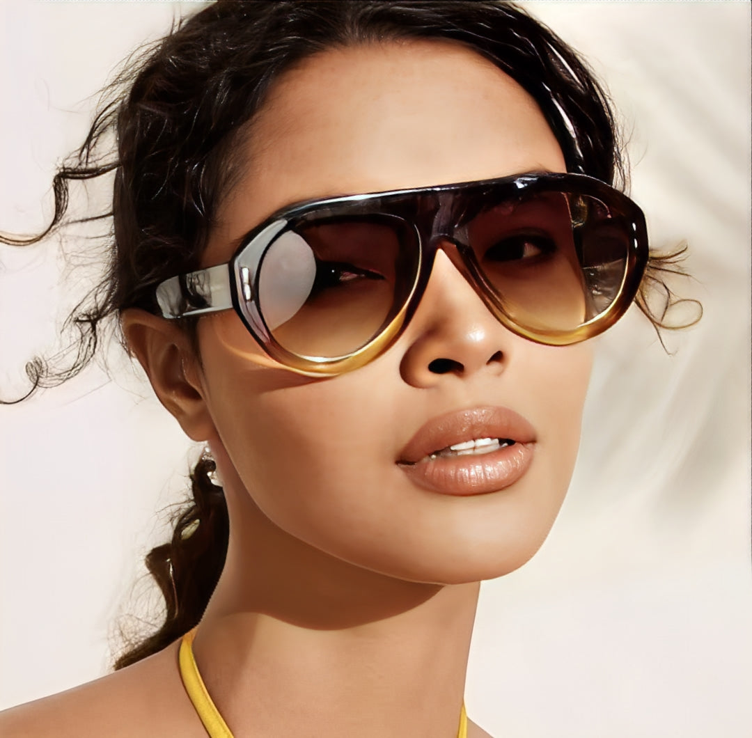 Retro Ombre Champagne Oversized Oval Sunglasses for Women and Men, Lightly Browline Tinted Gradient Tan Lenses, Vintage 1970s Style Designer Style Fashion Eyewear