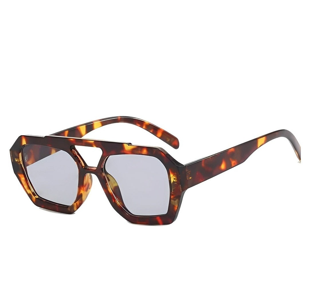 Leopard Print Sunglasses, Retro Celeb Chic, Light Blue Translucent Lens, Octagon Geometric Frame, Double Bridge, Oversized, Lightly Tinted
