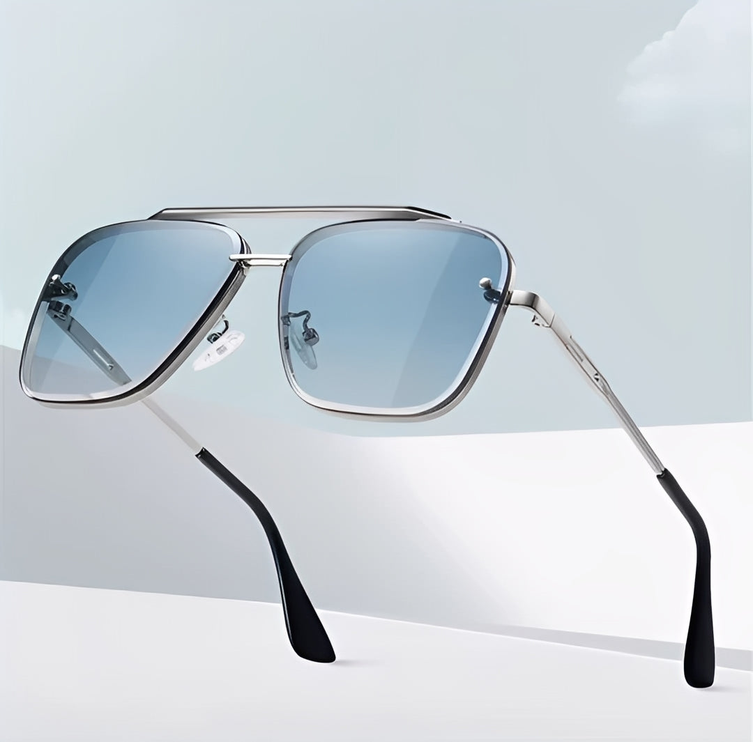 Oversized Square Sunglasses lightly Tinted Blue Lens Silver Alloy Strong Frame Rapper Hip Hop Celeb Styling for Men Women