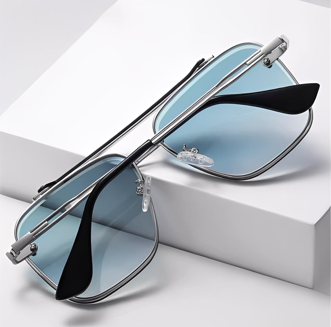 Oversized Square Sunglasses lightly Tinted Blue Lens Silver Alloy Strong Frame Rapper Hip Hop Celeb Styling for Men Women