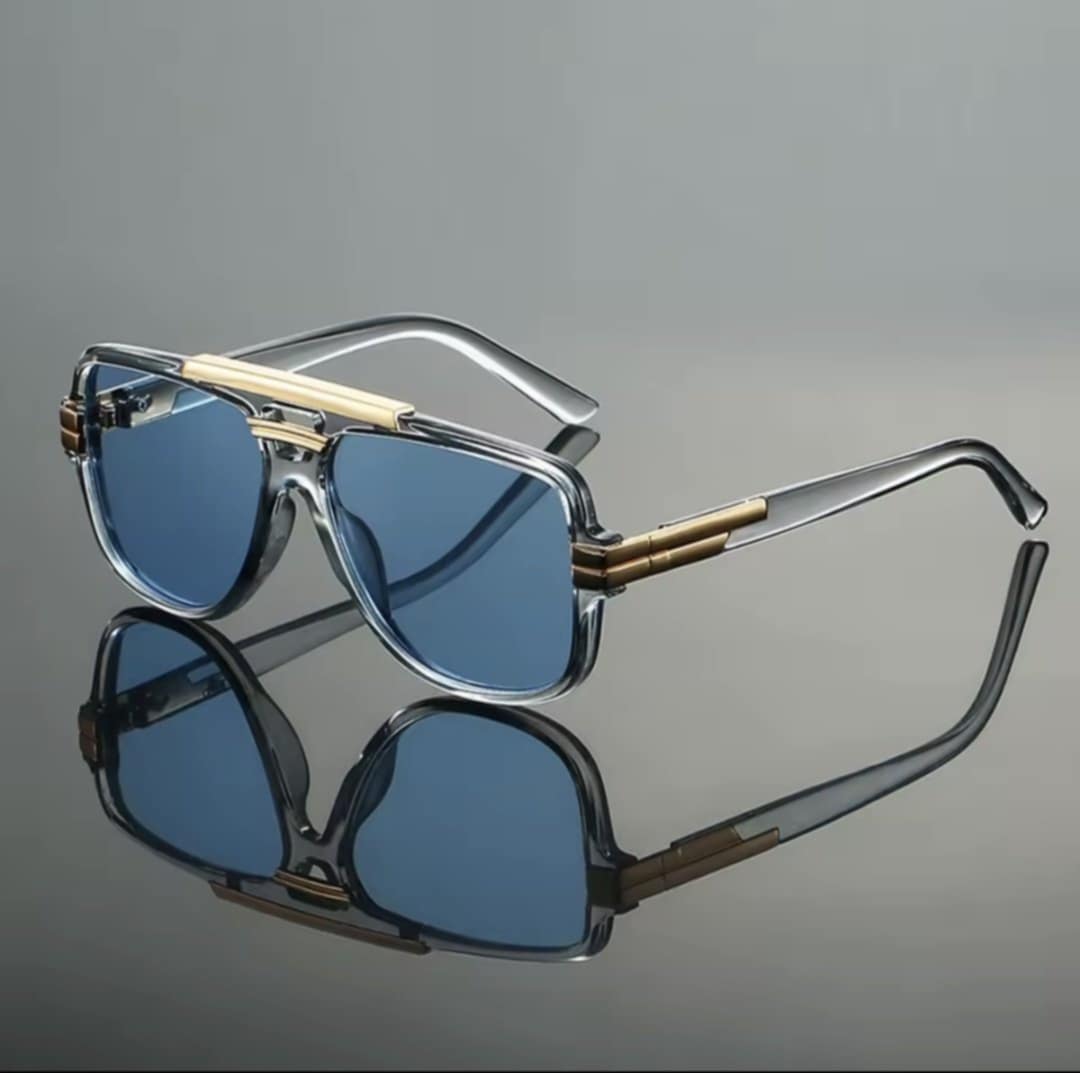 Clear Frame Blue Tint Lens)Double Bridge Beam Rapper Gangster Shades Sunglasses for Men Women Trending Chunky Frame Gold Detail Eyewear