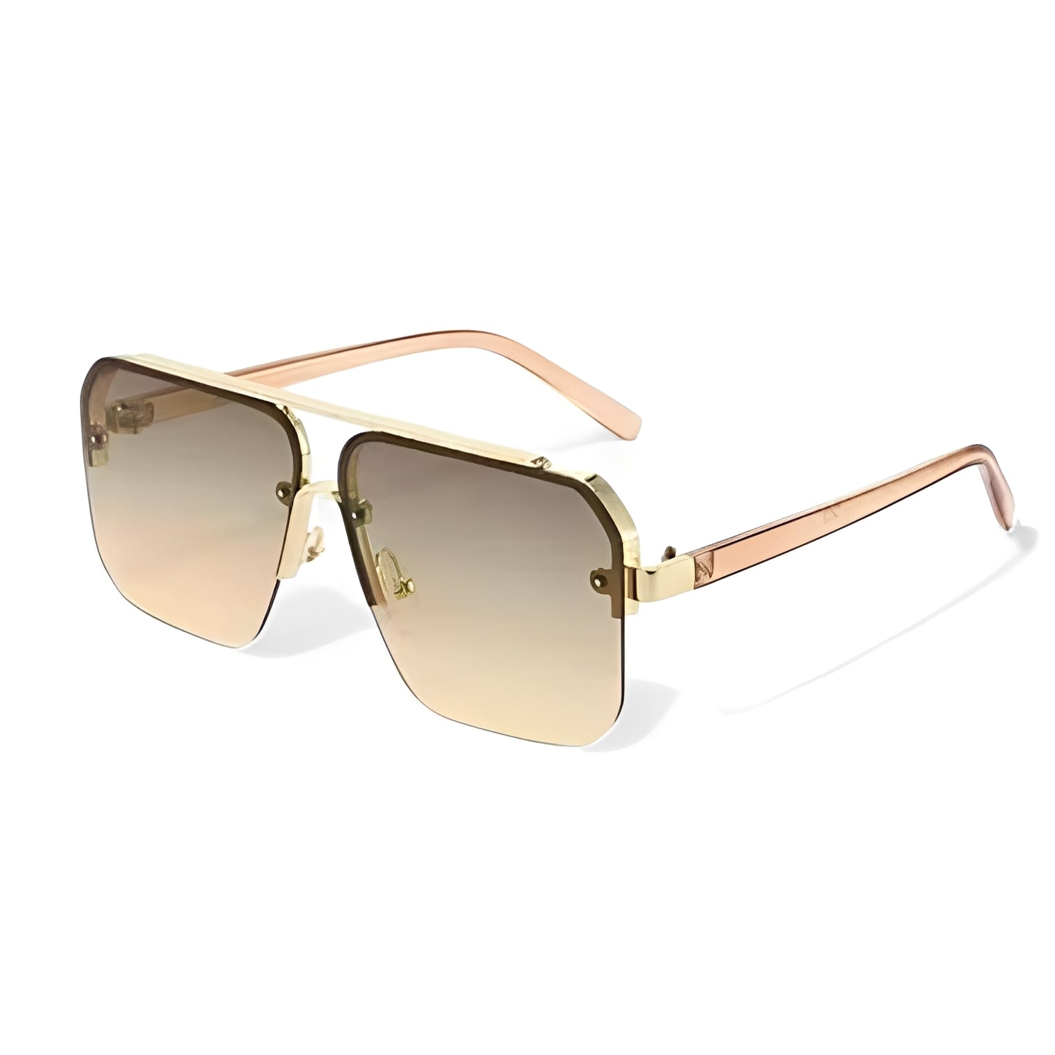 Oversized Half Frame Lightly Tinted Square Sunglasses Gradient Brown Lenses Gold Double Bridge Frame Men Woman