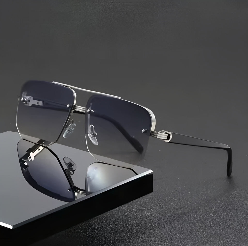 Elegant Oversized Hexagonal Sunglasses Retro Double Bridge Gray Lightly Tinted Lens Silver Detail Browline Frame