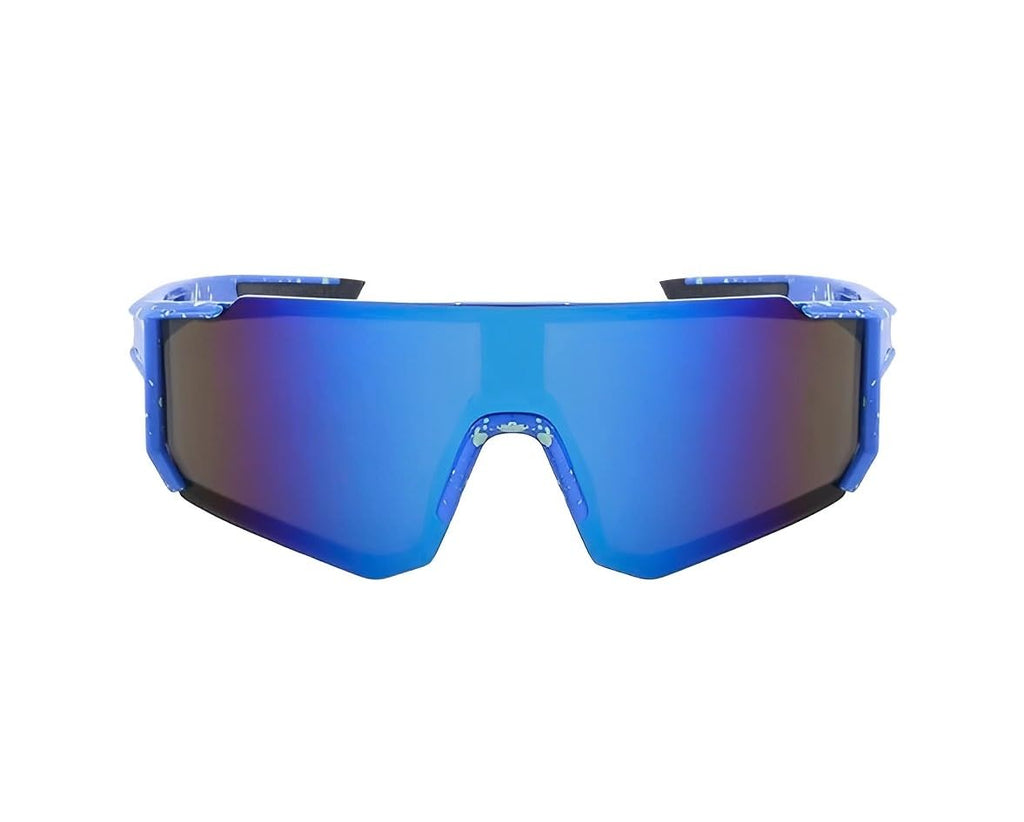 Blue Mirrored Visor Sunglasses Metalic Mirror Tint Lenses Single Lens Frame Sporty Fashion Glasses Futuristic Mirror Reflective Wrap Design