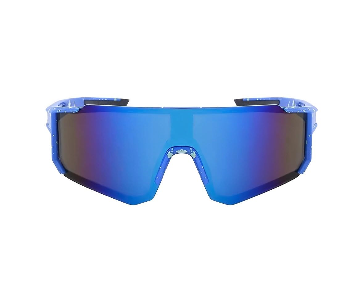 Blue Mirrored Visor Sunglasses Metalic Mirror Tint Lenses Single Lens Frame Sporty Fashion Glasses Futuristic Mirror Reflective Wrap Design