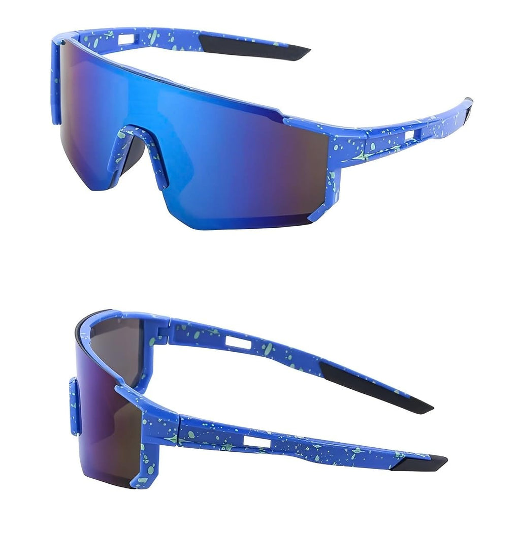 Blue Mirrored Visor Sunglasses Metalic Mirror Tint Lenses Single Lens Frame Sporty Fashion Glasses Futuristic Mirror Reflective Wrap Design