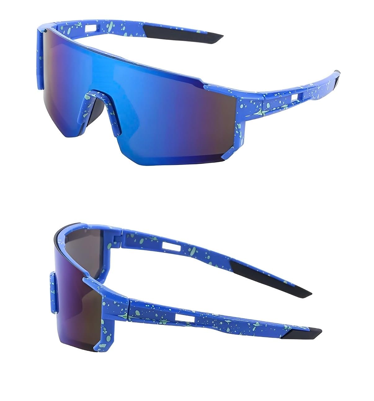 Blue Mirrored Visor Sunglasses Metalic Mirror Tint Lenses Single Lens Frame Sporty Fashion Glasses Futuristic Mirror Reflective Wrap Design