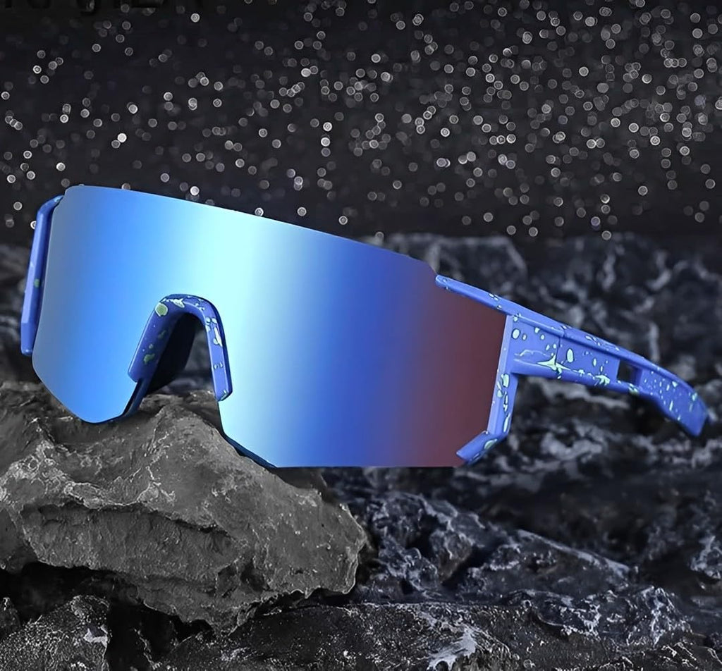 Blue Mirrored Visor Sunglasses Metalic Mirror Tint Lenses Single Lens Frame Sporty Fashion Glasses Futuristic Mirror Reflective Wrap Design