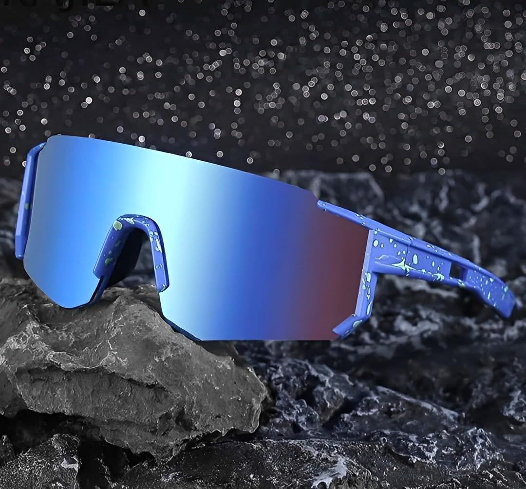 Blue Mirrored Visor Sunglasses Metalic Mirror Tint Lenses Single Lens Frame Sporty Fashion Glasses Futuristic Mirror Reflective Wrap Design