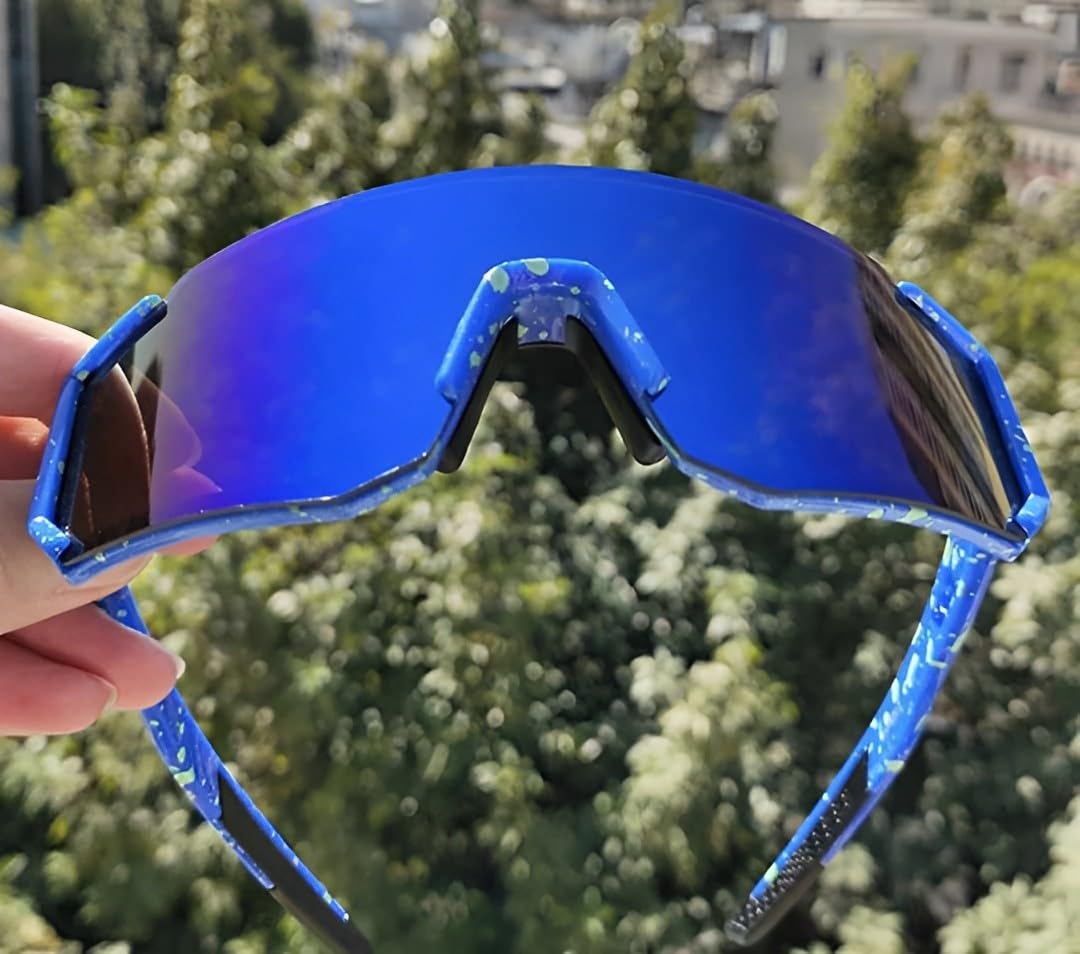 Blue Mirrored Visor Sunglasses Metalic Mirror Tint Lenses Single Lens Frame Sporty Fashion Glasses Futuristic Mirror Reflective Wrap Design