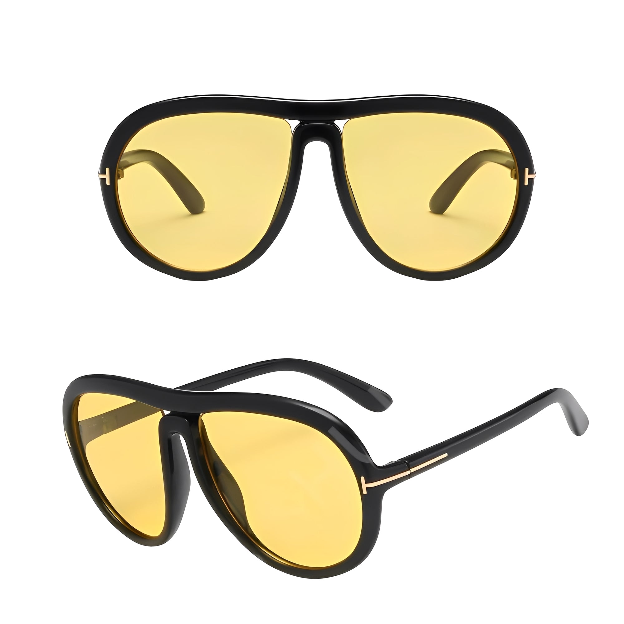 Oversized Yellow Tint Designer Style Sunglasses Big Black Frame Lightly Tinted see through Coloured Lenses