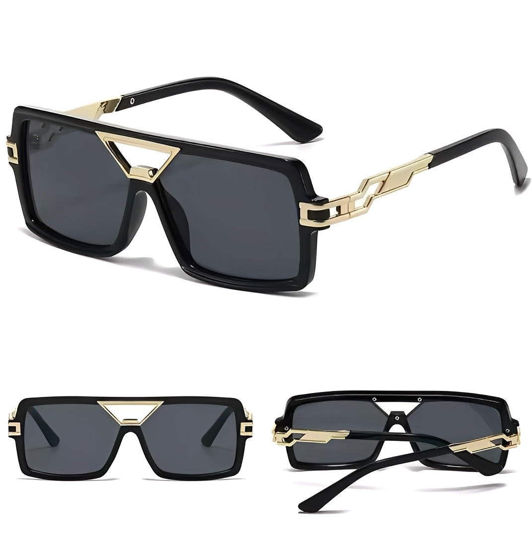 Final Boss Ibiza Square Sunglasses Bad Boy Shades Oversized Gold Detail Frame Solid Black Lens
