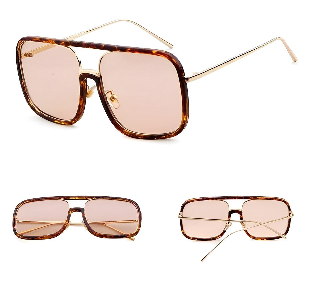 Oversized Celeb Leopard Print Tortoiseshell Sunglasses for Women, Rectangular Thin Gold Frame, Brown Tinted Lenses, UV400 Protection Fashion Glasses