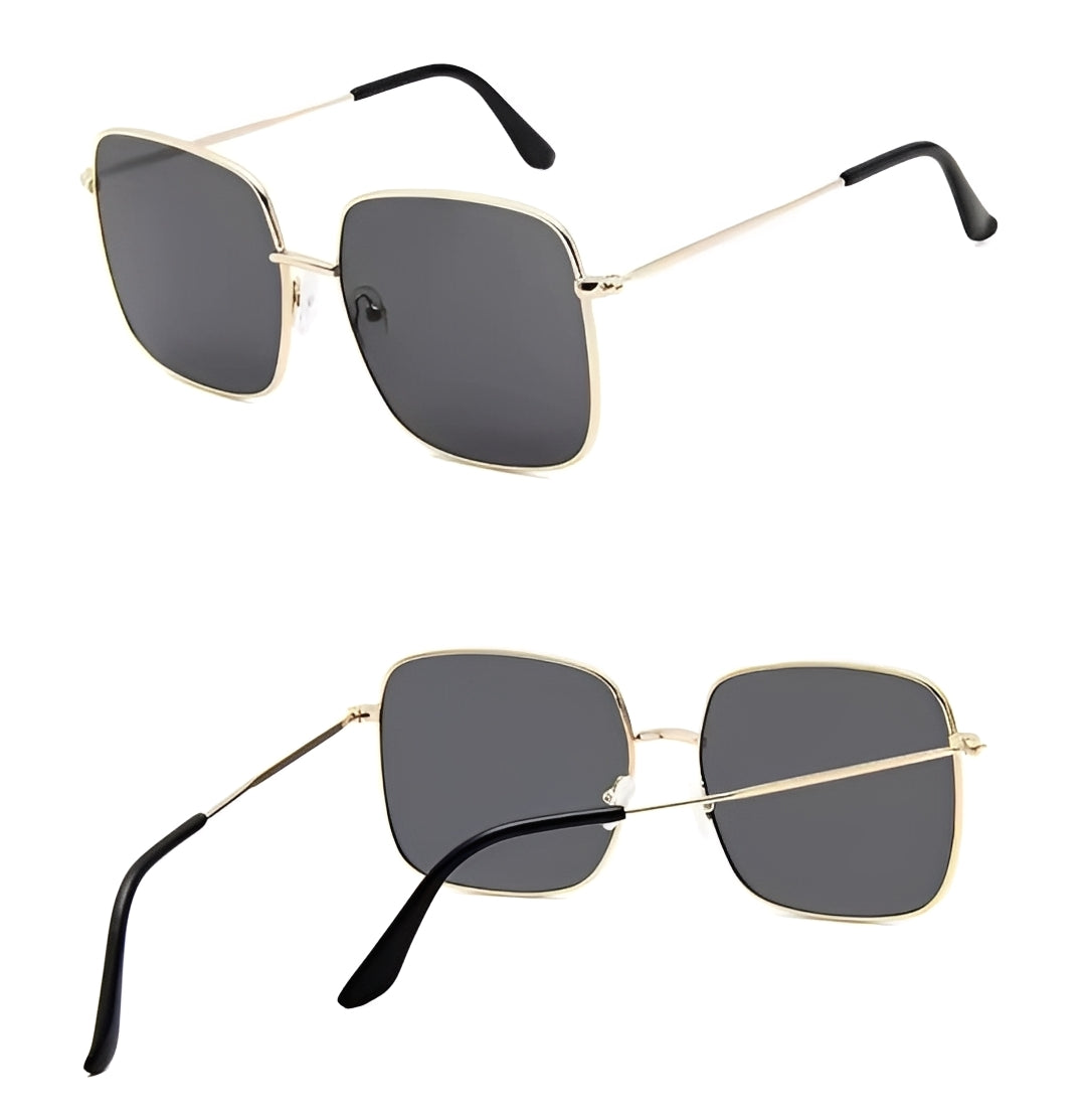 Womens Oversized Gold Geometric Square Sunglasses Thin Alloy Frame Solid Dark Grey Tint Lens