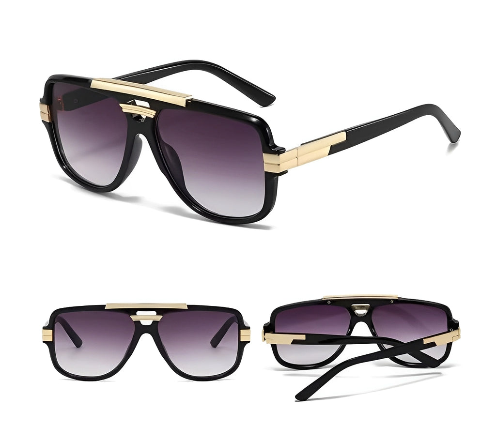 Black Frame Gradient Grey Double Bridge Beam Rapper Gangster Shades Sunglasses for Men Women Trending Chunky Frame Gold Detail Eyewear