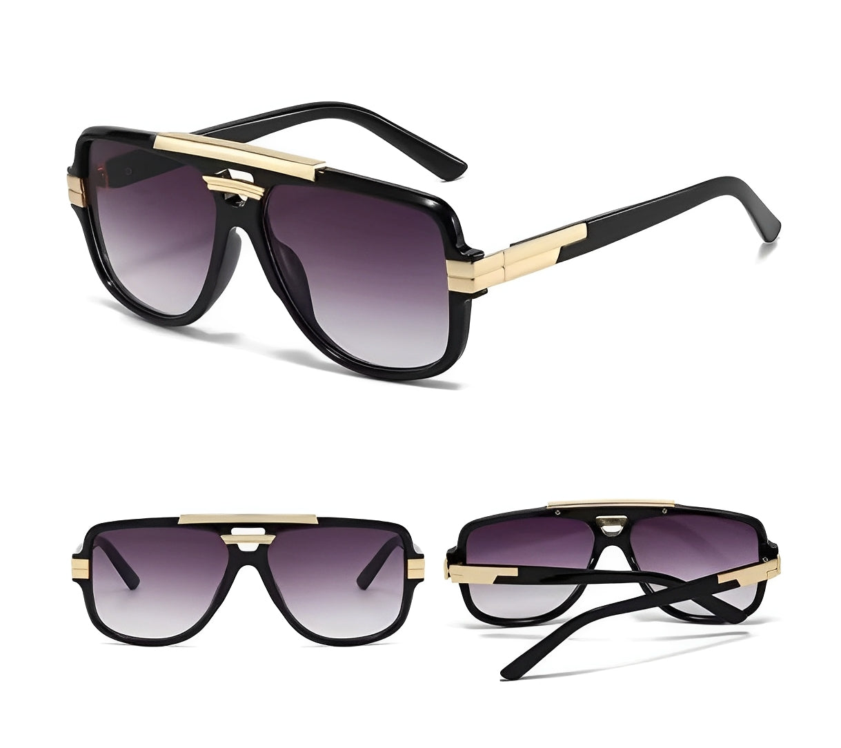 Black Frame Gradient Grey Double Bridge Beam Rapper Gangster Shades Sunglasses for Men Women Trending Chunky Frame Gold Detail Eyewear