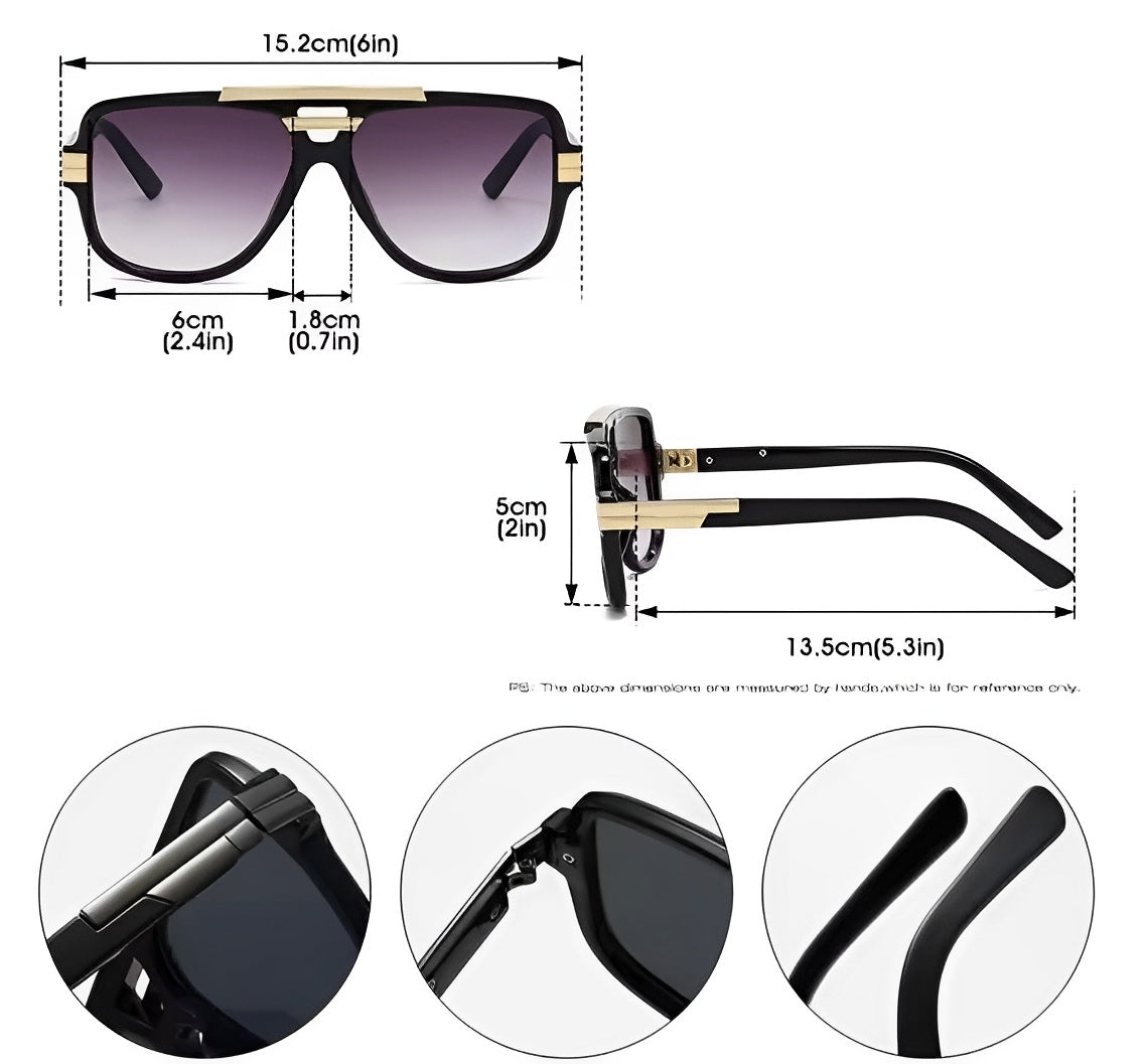 Black Frame Gradient Grey Double Bridge Beam Rapper Gangster Shades Sunglasses for Men Women Trending Chunky Frame Gold Detail Eyewear