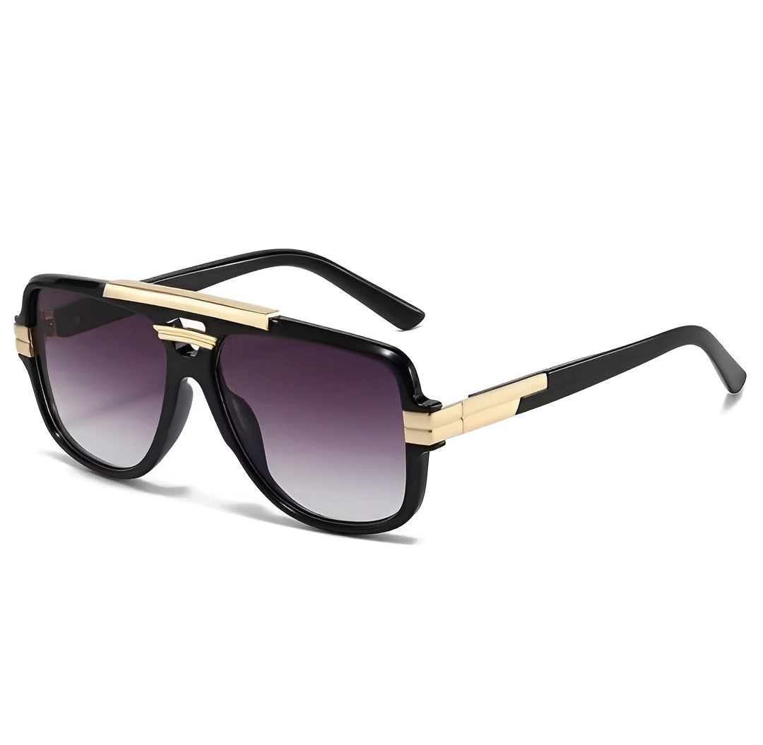 Black Frame Gradient Grey Double Bridge Beam Rapper Gangster Shades Sunglasses for Men Women Trending Chunky Frame Gold Detail Eyewear