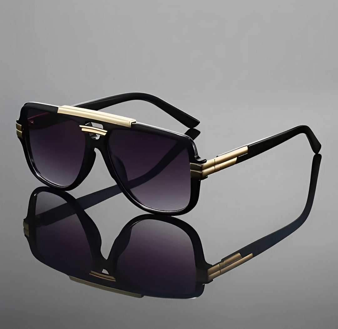 Black Frame Gradient Grey Double Bridge Beam Rapper Gangster Shades Sunglasses for Men Women Trending Chunky Frame Gold Detail Eyewear