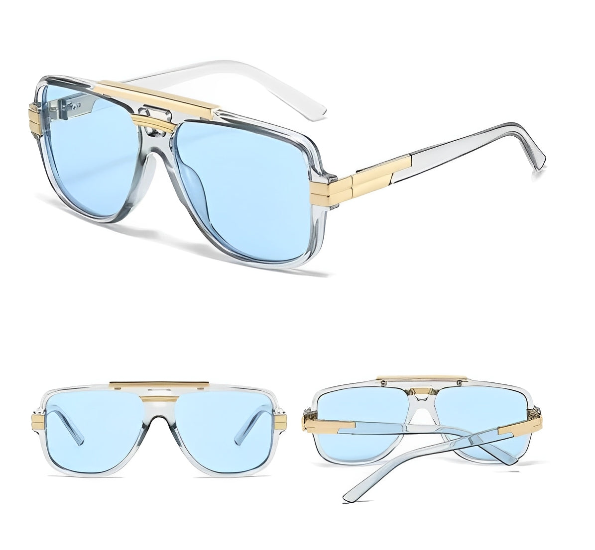 Clear Frame Blue Tint Lens)Double Bridge Beam Rapper Gangster Shades Sunglasses for Men Women Trending Chunky Frame Gold Detail Eyewear