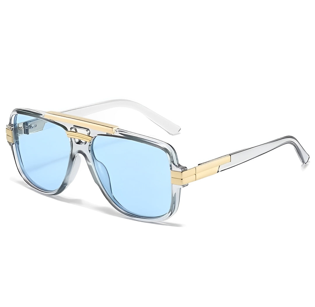 Clear Frame Blue Tint Lens)Double Bridge Beam Rapper Gangster Shades Sunglasses for Men Women Trending Chunky Frame Gold Detail Eyewear