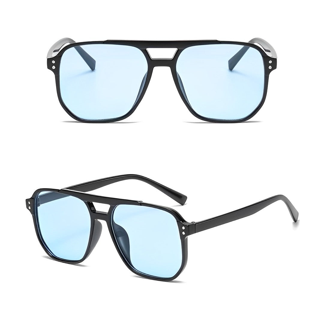 Celeb Style See Through Lightly Tinted Sunglasses, Oversized Black Rectangle Frame, Blue Tint Lens, Lightweight, for Womens Man Retro Vintage