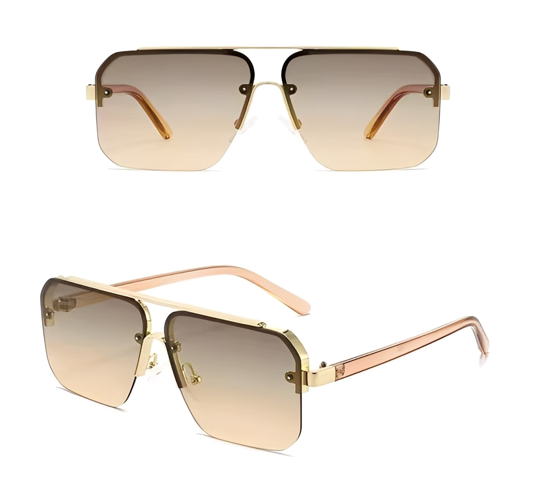 Oversized Half Frame Lightly Tinted Square Sunglasses Gradient Brown Lenses Gold Double Bridge Frame Men Woman