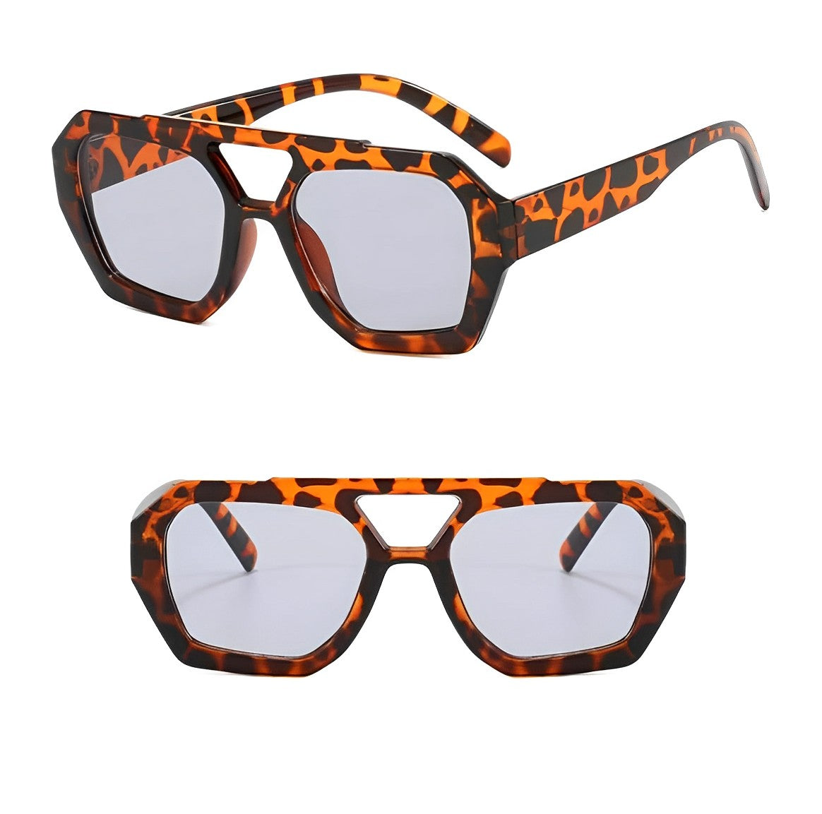 Leopard Print Sunglasses, Retro Celeb Chic, Light Blue Translucent Lens, Octagon Geometric Frame, Double Bridge, Oversized, Lightly Tinted