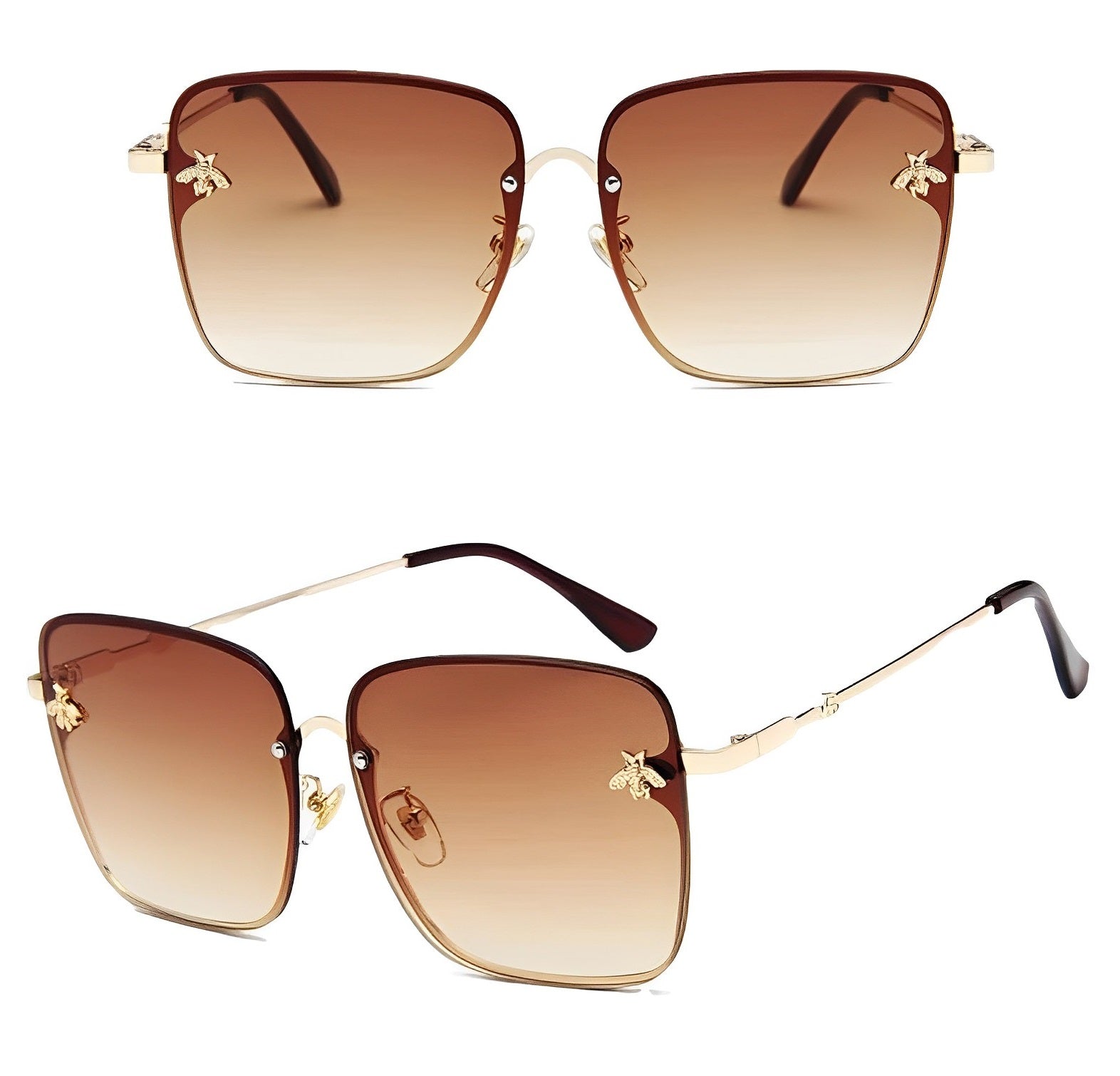 Gradient Tan Oversized Big Square Butterfly, Bee Sunglasses for Woman Rimless Gold Frame, Half Frame, Trending Sunglasses