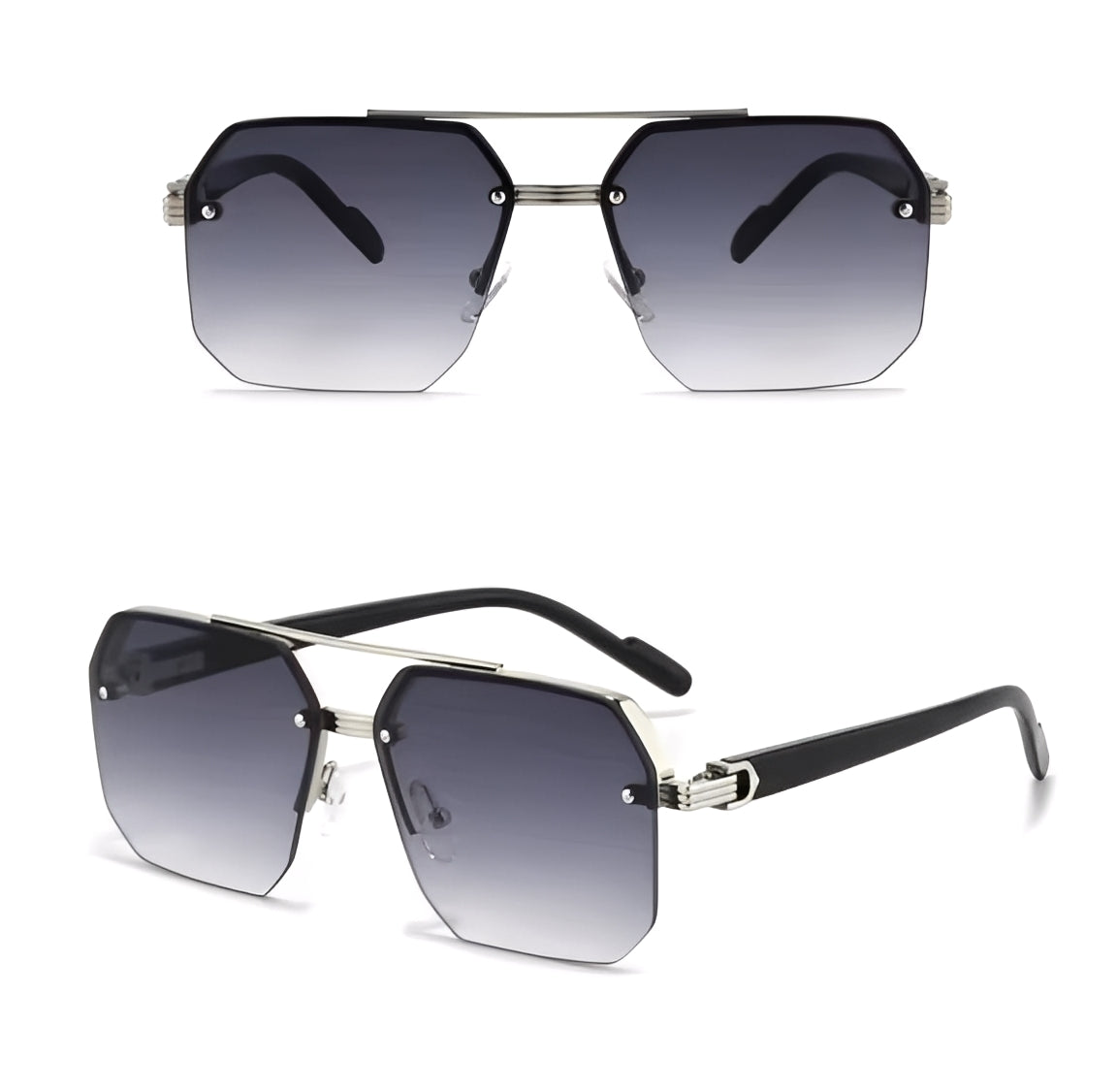 Elegant Oversized Hexagonal Sunglasses Retro Double Bridge Gray Lightly Tinted Lens Silver Detail Browline Frame