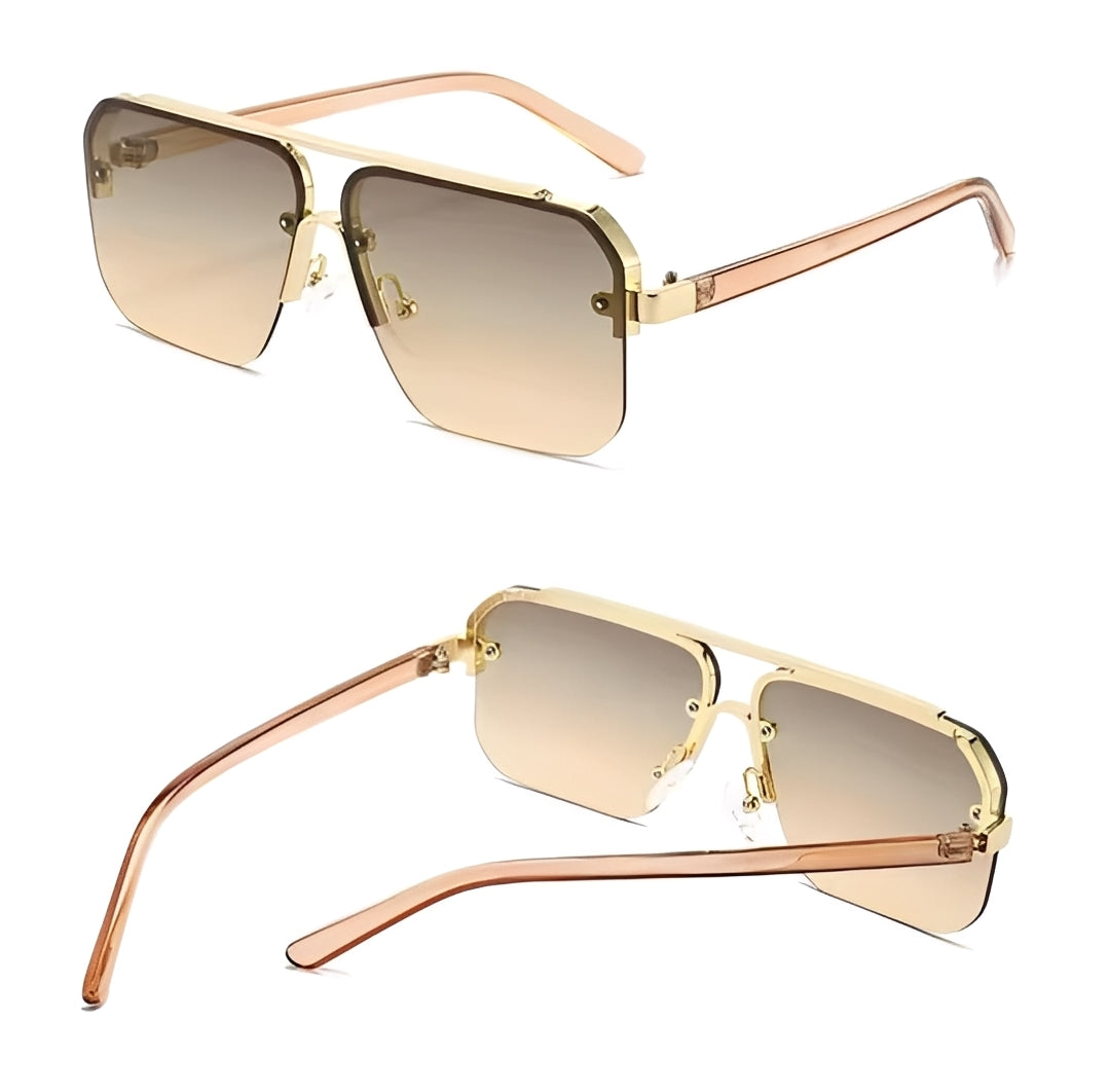 Oversized Half Frame Lightly Tinted Square Sunglasses Gradient Brown Lenses Gold Double Bridge Frame Men Woman