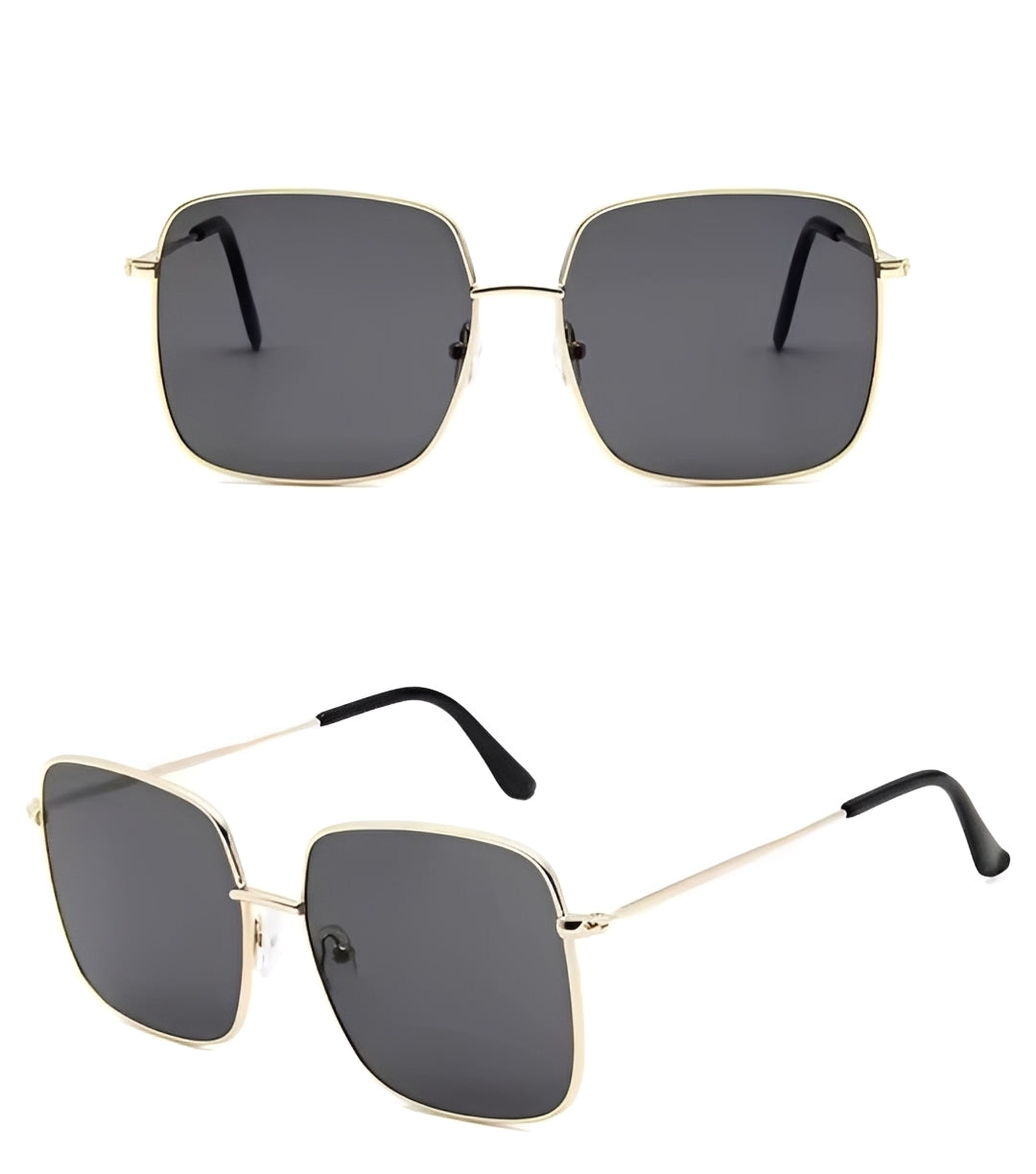 Womens Oversized Gold Geometric Square Sunglasses Thin Alloy Frame Solid Dark Grey Tint Lens