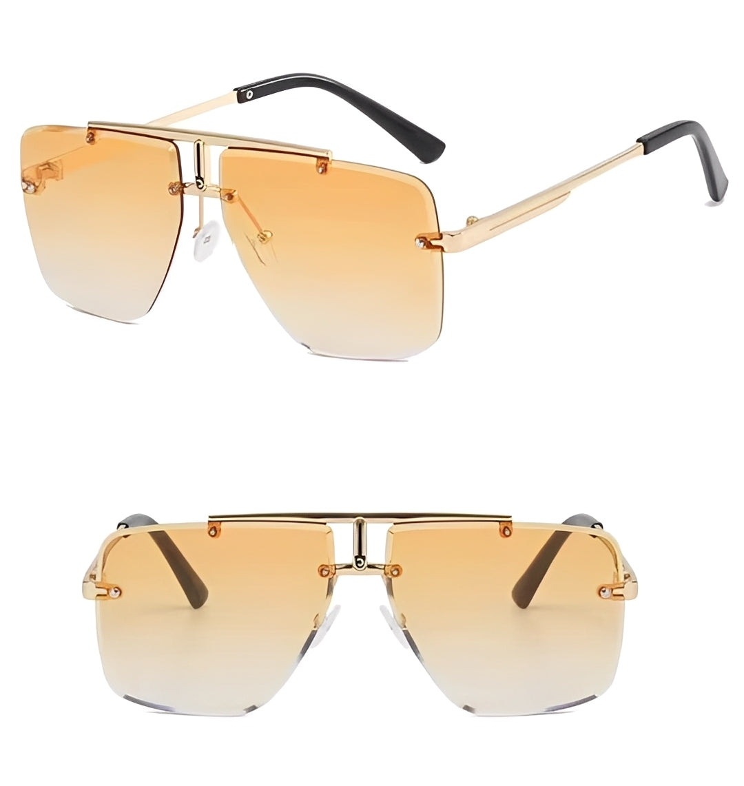 Gradient Amber Orange Maverick Light Tinted Square Sunglasses Gold Clubmaster Frameless T-Bar Design