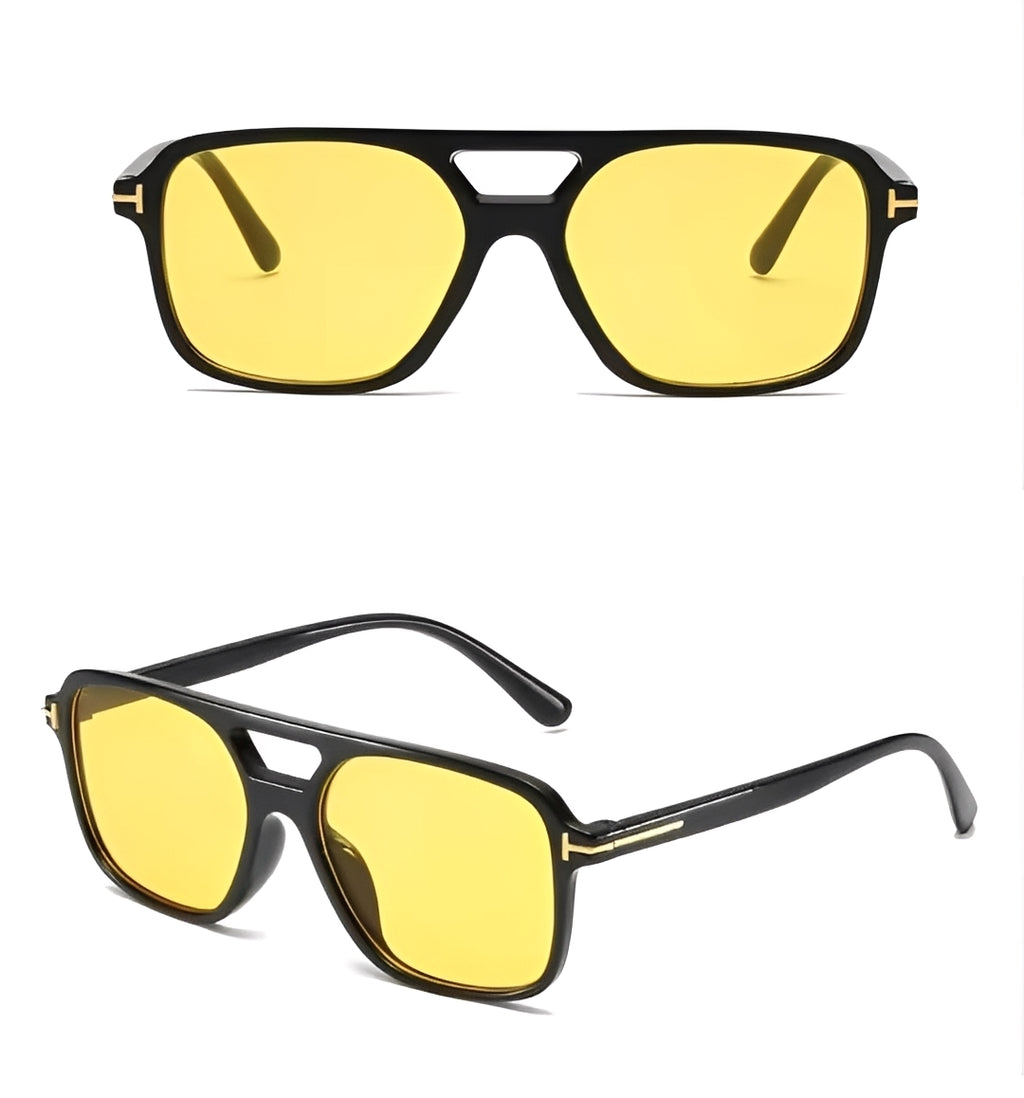 Oversized Pale Amber Lens Sunglasses Thin Black Square Frame Tangerine Yellow Light Tint Lenses