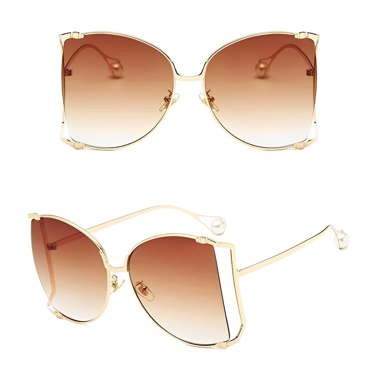 Oversized Butterfly Shaped Celeb Style Sunglasses Womens Thin Gold Half Rim Frame Gradient Tan Big Lens Eyewear Trending