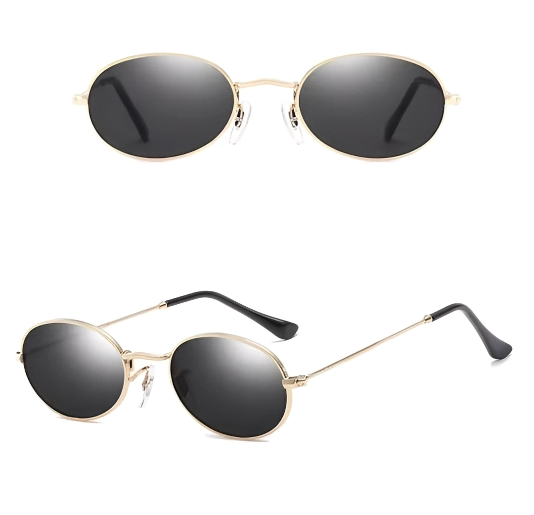 Small Gold Alloy Frame Slim Oval Sunglasses Classic Retro Brand Style Solid Grey Lens Lightweight Design