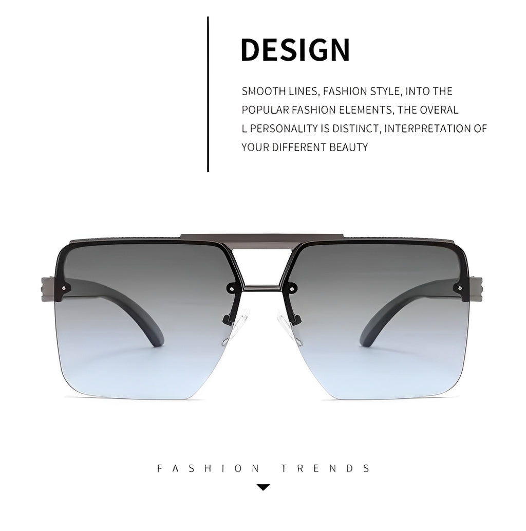 Gradient Blue Grey Tint Sunglasses for Men Women, Gunmetal Rim Frameless Celeb Rapper Stylish Trendy Smoke Lens Eyewear