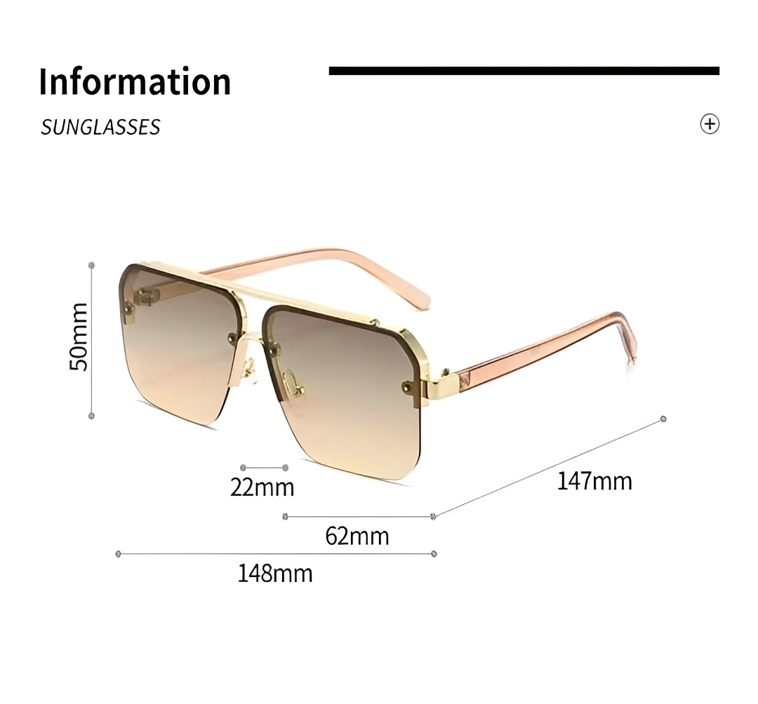 Oversized Half Frame Lightly Tinted Square Sunglasses Gradient Brown Lenses Gold Double Bridge Frame Men Woman