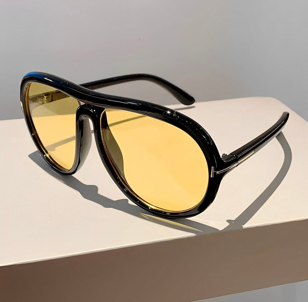 Oversized Yellow Tint Designer Style Sunglasses Big Black Frame Lightly Tinted see through Coloured Lenses