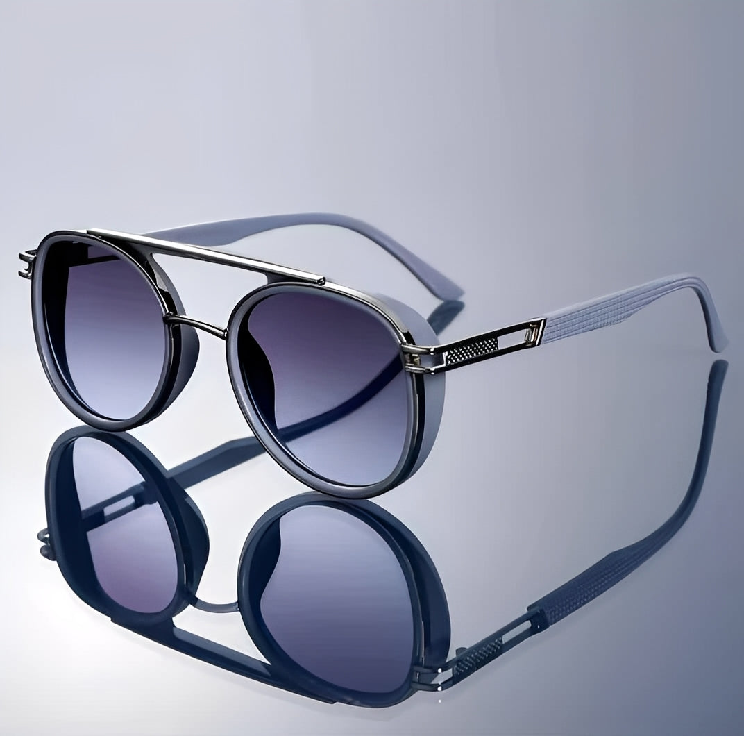 Alloy Rim Sea Blue Round Oval Browline Sunglasses Silver Metal Frame Gradient Tint Side Shield Goggles