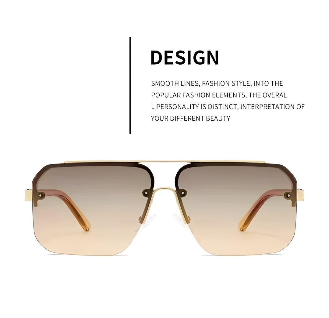 Oversized Half Frame Lightly Tinted Square Sunglasses Gradient Brown Lenses Gold Double Bridge Frame Men Woman