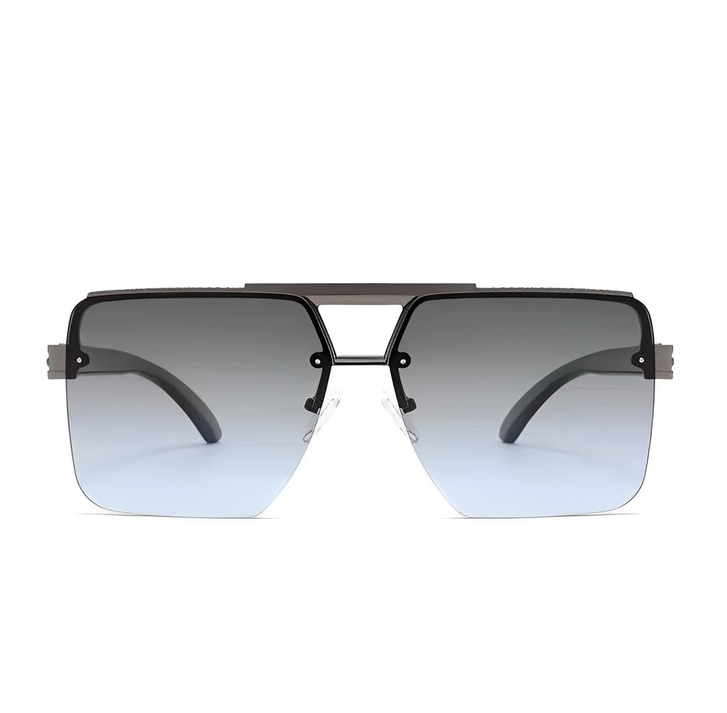 Gradient Blue Grey Tint Sunglasses for Men Women, Gunmetal Rim Frameless Celeb Rapper Stylish Trendy Smoke Lens Eyewear