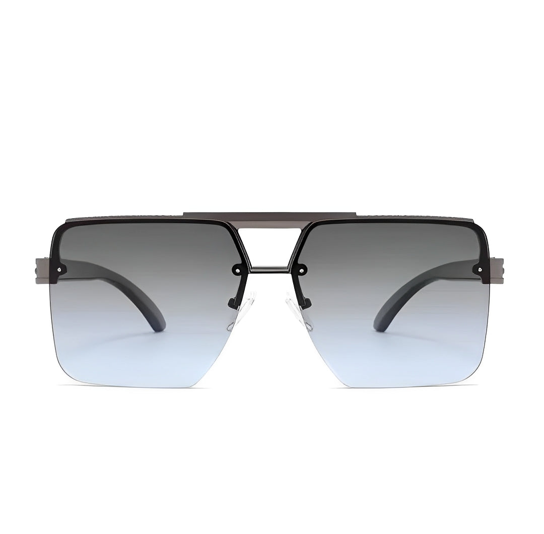 Gradient Blue Grey Tint Sunglasses for Men Women, Gunmetal Rim Frameless Celeb Rapper Stylish Trendy Smoke Lens Eyewear