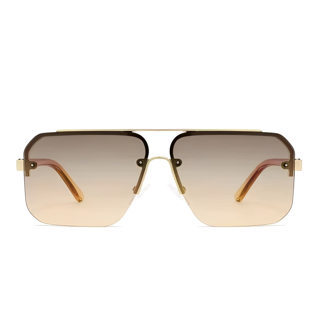 Oversized Half Frame Lightly Tinted Square Sunglasses Gradient Brown Lenses Gold Double Bridge Frame Men Woman