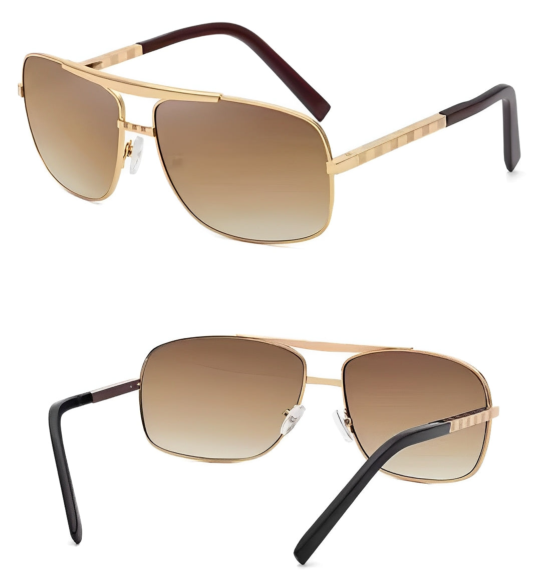 Gold Frame Gradient Brown Sunglasses Mens, Double Bridge, Celeb Inspired, Lightweight Alloy Metal, Lightly Tinted Dark to Light